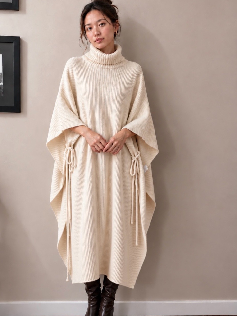 Oak + Fort Cream Ribbed Turtleneck Poncho Sweater Dress – One Size